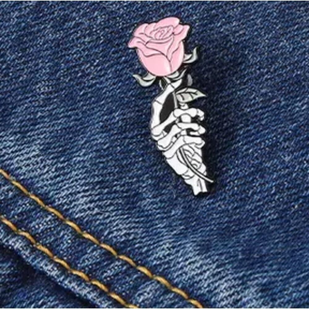 SKELETON hand holding rose metal pin brooche badge